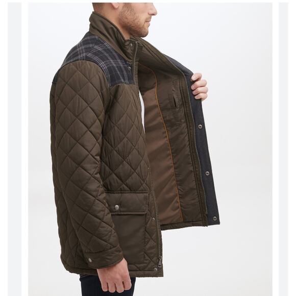 Cole Haan Diamond-Quilted Mixed-Media‎ Jacket Coat Barn Style Tweed Large Green